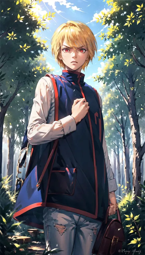 (cowboy shot), sfw, (masterpiece), (best quality:1.0), (ultra highres:1.0), detailed eyes
BREAK
<lora:Kurapika:0.8> Kurapika, 1boy, male focus, red eyes, angry,
blue poncho, red trim, white pants, white shirt, shoulder bag
BREAK
(forest, outdoors, gorgeous view)