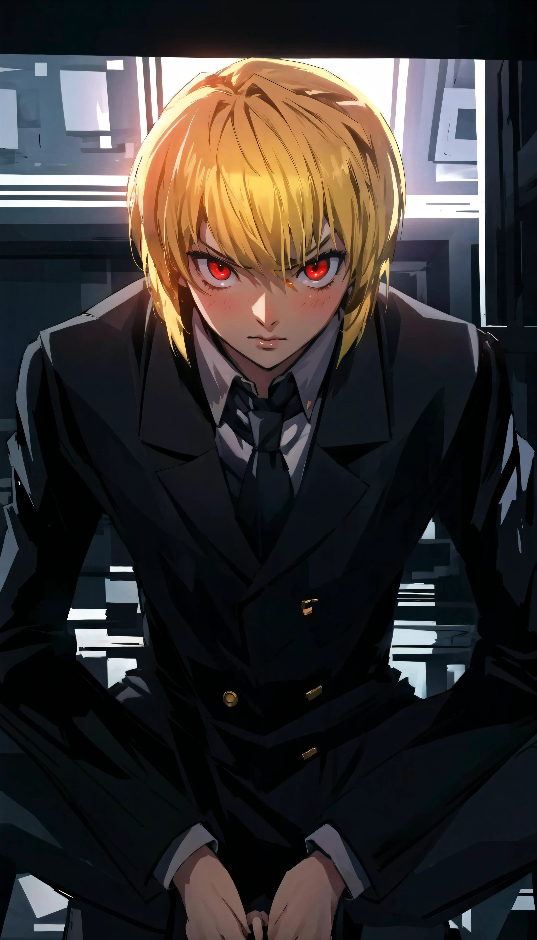 (cowboy shot), sfw, (masterpiece), (best quality:1.0), (ultra highres:1.0), detailed eyes
BREAK
<lora:Kurapika:0.8> Kurapika, 1boy, male focus, red eyes, sitting, hands clasped, serious
black suit, necktie, formal, collared shirt
BREAK
(dark room, lamp, indoors, gorgeous view)
