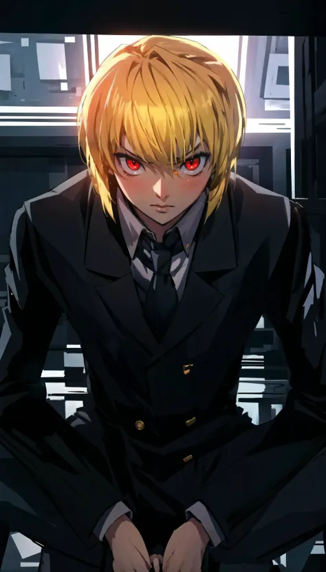 (cowboy shot), sfw, (masterpiece), (best quality:1.0), (ultra highres:1.0), detailed eyes
BREAK
 <lora:Kurapika:0.8>  Kurapika, 1boy, male focus, red eyes, sitting, hands clasped, serious
black suit, necktie, formal, collared shirt
BREAK
(dark room, lamp, indoors, gorgeous view)