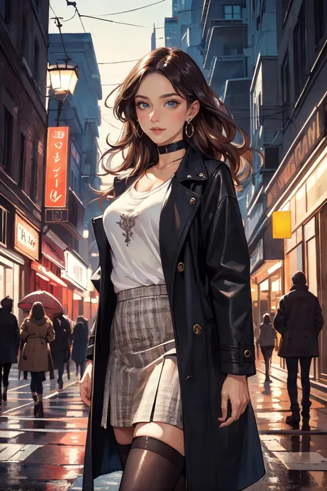 (masterpiece:1.3), (best quality:1.2), (intricate detailed:1.2), (hyperrealistic:1.2), (professional photograpy:1.1), highly detailed, illustration, absurd res, perspective, detailed background, background blur, focus, milf, mature woman, a woman walking sideways of the city at night, dynamic poses, 1girl, long hair, (medium breasts:1.2), perfect hands, detailed fingers, beautiful detailed eyes, perfect eyes, seductive eyes, brown eyes, (casual:1.2), long coat, t-shirt, tight skirt, black choker, earrings, stockings, a city with night view, looking at the viewer, cowboy shot,
 <lora:sxz-style-niji:0.4>, nijistyle, <lora:deluster2_v10:-0.8>