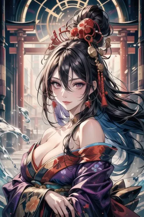 (8k, RAW photo: 1.2), best quality, ultra high res, dramatic angle, (fluttered detailed splashes of color), (illustration), (((1 girl))), (long hair), (rain: 0.9), (hair ornament: 1.4), there is an ancient palace next to the girl, Chinese clothes, (focus on), paint wash color ink, (splash color), colorful splashes, (((color))), (sketch: 0.8), masterpiece, best quality,  beautifully painted, highly detailed, (denoising: 0.6), [splash ink],((ink refraction)), (beautiful sky detailed), moon, highly, detailed, (masterpiece, best quality, extremely detailed CG 8k wallpaper unit, masterpiece, best quality, ultra-detailed), (Lycoris radiata), gigantic breasts,sexy,seductive --auto --s2