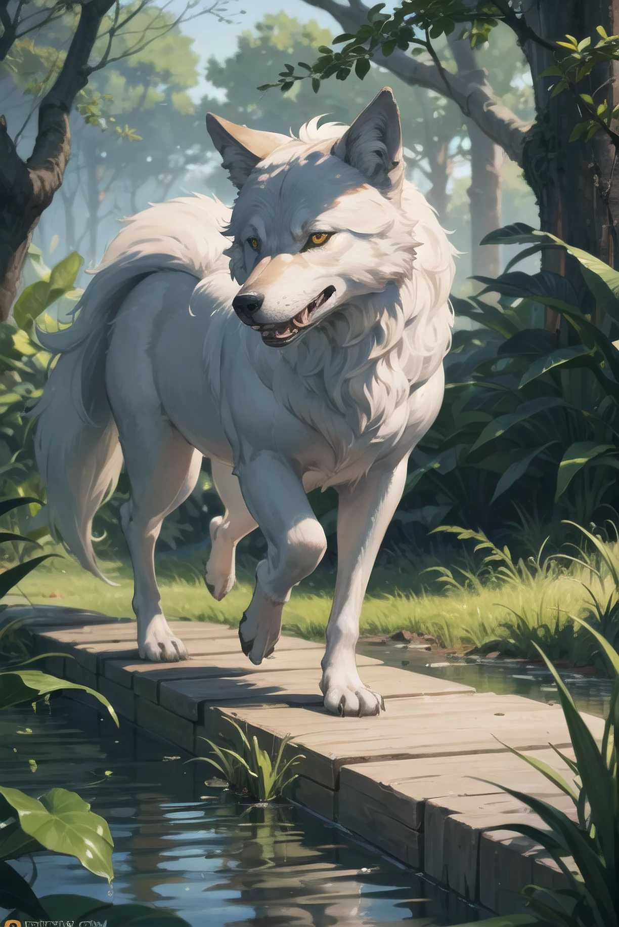(masterpiece, top quality, best quality), (splash art), naturalistic, (realistic), 8K, photography, (wild animal), detailed nature, lush, (wolf)