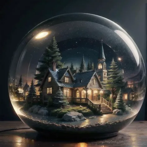 mini house, landscape, old fashion, nature, night light, a bubble, in the bubble, high detailed, masterpiece, best quality, <lora:Bubble_Sora:0.4>, (masterpiece,best quality:1.5)