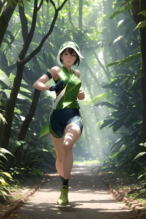 In the flourishing forest, a woman clad in lightweight athletic attire gracefully and agilely runs. Sunlight filters through the leaves, casting dappled shadows as she seamlessly merges with nature, breathing in the fresh air and relishing the tranquility of the running trail.