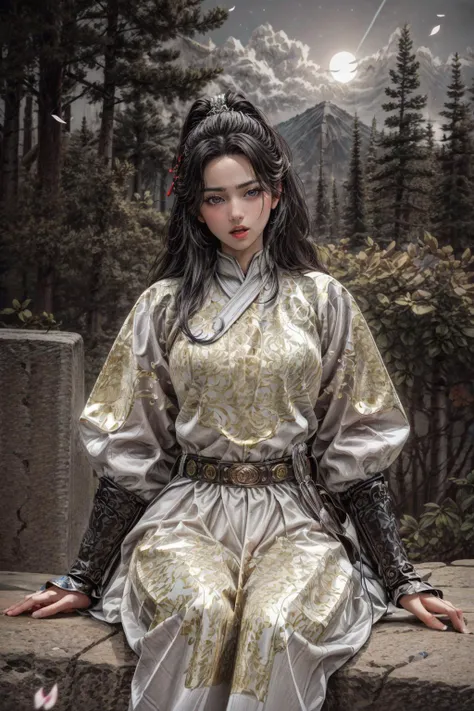 <(best quality, extremery best quality, masterpiece:1.4), (realistic, intricate details:1.4), (photorealistic:1.4), (extremely intricate:1.4), highres, ultra highres, ultra detailed, ultra-detailed, absurdres, incredibly absurdres, extremely detailed, high quality, high resolution, hyperrealistic, ultra-realistic, hyper-detailed, top quality, best, fine detail, massive detail, Highly detailed, extreme detailed, highest detailed, high-res, absolutely resolution, reflection, (refraction:1.4), (hyperrealism:1.4), ultra realistic details, highly intricate details, insane details>, BREAK, (1girl:1.3), solo, looking at viewer, (young cute beautiful 18-year-old girl:1.4), 3d face, (hand of Guido Daniele:1.4), beautiful girl, Beautiful face, pretty, girlface, kpop idol, supermodel, stunning innocent symmetry face, perfect body, medium breast, slim waist, slim legs, (high detailed skin:1.5), glowing eyes, goddess, natural skin texture, shiny skin, White skin, Beautiful detailed face, detailed face, real skin texture, cute delicate face, finely detailed face, golden ratio, golden ratio face, expressive eyes, perfect face, perfect skin, flawless face, clear face, shiny hair, pale skin, Proper body proportion, perfect anatomy, realistic skin texture, luscious lips, glossy lips, natural makeup, beautiful bright pupils, slender figure, intricate eyes, detailed pupils, detailed face and eyes, longeyelashes, blush, good hand, perfect hands, pretty face, beautiful female bodies, finely detailed skin, oily shiny skin, clean facial features, an extremely delicate and beautiful, cute & girly, beautiful detailed eyes, stars in the eyes, detailed simmetric eyes, perfect smooth skin texture, BREAK, (((((brilliant colors, (white robe, chinese clothes, (Bracers:1.2), white robe, chinese clothes, sexy, slim, in the style of energetic movement, low-angle, long hair, gray hair, white hair, purple eyes, sword, ((holding sword)), blue flames, glowing weapon, light particles, wallpaper, chromatic aberration:1.4), goddess women, aura, most beautiful artwork in the world, atmosphere:1.2), (dramatic, gritty, intense:1.4), (depth of field:1.7), (palace, plum blossoms, a girl in hanfu, mountain, river, old tree, pine trees, birds, moss, there is white cat sitting near girl:1.2), (ornaments detailed, traditional clothes, water, chinese clothes, sash, tree, petals, hair ornament, floating hair, rock, falling petals, flower, chinese traditional architecture, ancient art, chinese style, Chinese, lake background, chinese buildings, misty lake, ancient chinese background, after the rain, wet grass and trees, waterfall, flying splashes, flying petals, leaves, bloom, bloom effect, surrounded by heavy floating petal flow, petal, leaves falling from the tree, peaceful atmosphere, mountainous backdrop, authentic cultural experience, quiet whispers, hushed conversations, tranquil silence, crisp air, soulful melodies, a sense of belonging, bonding with nature, quiet reflection:1.3), (long_hair, mountain background, forest, river in background, landscape, water reflection:1.3), slow-motion action sequences, surreal details, charging forward, (light anger:1.4), ( absurdly long hair:1.5), ((The girl looked disgusted)), (long legs:1.3), A shot with tension, (Visual impact, giving the poster a dynamic and visually striking appearance:1.2), impactful picture, (joshua middleton comic cover art, hypermaximalist, instagram contest winner, fashion color scheme, trending on cgsociety, playful illustrations, imaginative overlays, artistic fusion, fantastical scenes, evocative narratives, striking visuals:1.3), (Glowing ambiance, enchanting radiance, luminous lighting, ethereal atmosphere, mesmerizing glow, evocative hues, captivating coloration, dramatic lighting, enchanting aura:1.2), (moon, melanchonic soft light, photorealistic faces, moody lighting:1.4), (night, Night time, moon light, Golden Hour, sky, landscape, stars, starry, galaxy sky, milky way, night sky full of stars:1.2), (braids, floating hair, rock, bloom, bloom effect, random patterns, energetic movement, bold colors, dynamic texture, spontaneous creativity:1.2), (blush, Pink lips, Pink lip colour, flat bangs:1.4), (long_hair, outdoors:1.3), (breeze, dust is drifting, ethereal, scenery, nature, mysterious background, fog, wind:1.2), (iridescent colors, Iridescence, mysterious, fantasy background, fantasy, open mouth:1.2), (Luminescent Particles:1.3), (fullbody:1.2), (eye focus, face focus, character focus, close-up face:1.2), (dutch angle, cowboy shot:1.3), colorful refraction)))), BREAK, <hyper realistic DSLR photo, Nikon D5, cinematic portrait, portrait, ultra sharp, analog film photography, film emulation, bokeh, blurry noise background, watercolor, available light, detailed light, volumetric fog, beautiful lighting, Rembrandt lighting, Cinematic, pixel art, game art, key visual, surreal, PBR Texturing, Anisotropic Filtering, Maximum Clarity And Sharpness, Albedo And Specular Maps, Multi-Layered Textures, Surface Shading, Sub-Pixel Convolution, Sub-Pixel Convolution, Accurate Simulation Of Light-Material Interaction, blurry foreground, broad light, volumetric light effect, matte painting, perfectly defined features, volumetric lighting, Tone Mapping, Lumen Reflections, Global illumination, Ray Tracing, Screen Space Global Illumination, Accent Lighting, 32k, Natural Lighting, volumetric, cinematic masterpiece, Rule of thirds, high dynamic range, Multi-exposure HDR capture, cinematic render, game cg cinematic, atmospheric perspective, scene, epic dynamic frame, motion blur, ((cinematic look, Film look)), rim light, 4k textures, adobe lightroom, photolab, hyperdetailed, exposure blend, professional color grading, professional color correction, aerial perspective, particles and dust in beams of light, cinematic scene, dynamic lighting, sharp details, lomography, soft focus, light leaks, bold hues, atmospheric depth, (explosive light and shadow:1.2), aesthetics, intricate designs, ultra realistic digital art, (zentangle, mandala, tangle, entangle), (fractal art), elegant, vivid colours, floating particles, particles, epic, (ink drawing, oil painting detailed), RAW, huge filesize, extremery detailed CG, Photo, 8k uhd, cinematic atmosphere, trending on artstation, award-winning glamour photograph, highly detailed photo, official art, beautiful and aesthetic, unity 8k wallpaper, beautiful, highly detailed CG illustration, best illustration, intricate, Amazing, emotional, analog, painting, digital painting, concept art, Oil Painting, illustration, Classical art, Renaissance, Romanticism, Neoclassicism, Color Palette, depth and contrast, Vibrant colors, saturated, rich saturation, color harmony, vivid palette, concept-art, design style, detail character, concept render, colorful, analog photography, dreamy atmosphere, specular highlights, atmospheric lighting, (dynamic angle, dynamic pose :1.3), (shiny, clothes reflecting light, lens flare, bloom effect, light particle, lens glare:1.3), realistic light, realistic lighting, cinematic light, (cinematic lighting), light in the face, soft lighting, saturated colors, detailed background, sharp focus, 8k high definition, perspective, Master Composition, roughness, post-processing, soft shadows, realistic shadows, ambient occlusion, ray-tracing, subsurface scattering, photon mapping, physically-based rendering, octane rendering, unreal engine 5, ue5 rendering, Adobe After FX, dslr, RTX, Best character details, radiosity, sharp, antialiased, RAW photo, HDR, 8k, 4k, (((Photographed by Roger Deakins, using a RED Monstro 8K VV camera and a series of high-end lenses))), ((Hasselblad photography)), (film grain:1.4), Kodak portra 400, ((Fujifilm X-T5)), professional photograph, caustics, Broad lighting, diffuse lighting, rim lighting, two tone lighting, textile details, visible pores, high resolution scan, professionally color graded, photographic reality, automatic white balance, best lighting, detailed shadow, high contrast, strong light and shadow>, (PureErosFace_V1:0.4), (ulzzang-6500:0.6), <lora:epiNoiseoffset_v3:2>, <lora:add_detail:0.6>, <lora:hipoly_3dcg_v7-epoch-000012:0.6>, (kbxll:0.6), <lora:more_details:0.6>, <lora:Chinese clothing, Feiyu outfit:1>