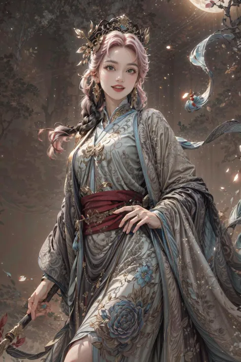 <(best quality, extremery best quality, masterpiece:1.4), (realistic, intricate details:1.4), (photorealistic:1.4), (extremely intricate:1.4), highres, ultra highres, ultra detailed, ultra-detailed, absurdres, incredibly absurdres, extremely detailed, high quality, high resolution, hyperrealistic, ultra-realistic, hyper-detailed, top quality, best, fine detail, massive detail, Highly detailed, extreme detailed, highest detailed, high-res, absolutely resolution, reflection, (refraction:1.4), (hyperrealism:1.4), ultra realistic details, highly intricate details>, BREAK, (1girl:1.3), solo, looking at viewer, (young cute beautiful 18-year-old girl:1.4), 3d face, (hand of Guido Daniele:1.4), beautiful girl, Beautiful face, pretty, girlface, kpop idol, supermodel, stunning innocent symmetry face, perfect body, medium breast, slim waist, slim legs, (high detailed skin:1.5), glowing eyes, goddess, natural skin texture, shiny skin, White skin, Beautiful detailed face, detailed face, real skin texture, cute delicate face, finely detailed face, golden ratio, golden ratio face, expressive eyes, perfect face, perfect skin, flawless face, clear face, shiny hair, pale skin, Proper body proportion, perfect anatomy, realistic skin texture, luscious lips, glossy lips, natural makeup, beautiful bright pupils, slender figure, intricate eyes, detailed pupils, detailed face and eyes, longeyelashes, blush, good hand, perfect hands, pretty face, beautiful female bodies, finely detailed skin, oily shiny skin, clean facial features, an extremely delicate and beautiful, cute & girly, beautiful detailed eyes, stars in the eyes, detailed simmetric eyes, perfect smooth skin texture, BREAK, (((((brilliant colors, (joshua middleton comic cover art, theater dance scene, hypermaximalist, ink painting, instagram contest winner, model pose, fashion color scheme, trending on cgsociety, playful illustrations, imaginative overlays, artistic fusion, fantastical scenes, evocative narratives, striking visuals:1.3), (Glowing ambiance, enchanting radiance, luminous lighting, ethereal atmosphere, mesmerizing glow, evocative hues, captivating coloration, dramatic lighting, enchanting aura:1.2), (moon, palace, Hibiscus, nymphaea, plum blossoms, a girl in hanfu, melanchonic soft light, photorealistic faces, moody lighting:1.4), (night, Night time, moon light, Golden Hour, sky, landscape, stars, starry, galaxy sky, milky way, night sky full of stars:1.2), (dancing, mountain, river, old tree, Ribbon, Elegant, She soared through the air in her flowing dress and fluttering ribbons, Graceful and graceful, pine trees, birds, moss, there is orange cat sitting near girl:1.2), (hanfu, ornaments detailed, traditional clothes, braids, water, jewelry, chinese clothes, earrings, sash, long sleeves, tree, petals, hair ornament, floating hair, dress, rock, falling petals, flower, chinese traditional architecture, ancient art, chinese style, Chinese, lake background, chinese buildings, misty lake, ancient chinese background, after the rain, wet grass and trees, waterfall, flying splashes, flying petals, leaves, bloom, bloom effect, surrounded by heavy floating petal flow, petal, leaves falling from the tree, peaceful atmosphere, mountainous backdrop, authentic cultural experience, quiet whispers, hushed conversations, tranquil silence, crisp air, soulful melodies, a sense of belonging, bonding with nature, quiet reflection, random patterns, energetic movement, bold colors, dynamic texture, spontaneous creativity:1.2), (smile, blush, Pink hair, Pink eye, long hair, Pink eyelashes, Pink lips, Pink lip colour, Eyes glowing Pink, flat bangs, happy expression, warm smile, cute smile, smiling:1.4), (long_hair, mountain background, forest, river in background, landscape, water reflection, outdoors:1.3), (mountains, breeze, dust is drifting, ethereal, scenery, nature, mysterious background, fog, wind:1.2), (iridescent colors, Iridescence, mysterious, fantasy background, fantasy, open mouth:1.2), (Luminescent Particles:1.3), (fullbody:1.2), (eye focus, face focus, character focus, close-up face:1.2), (dutch angle, cowboy shot:1.3), colorful refraction)))), BREAK, <hyper realistic DSLR photo, Nikon D5, cinematic portrait, portrait, ultra sharp, analog film photography, film emulation, bokeh, blurry noise background, watercolor, available light, detailed light, volumetric fog, beautiful lighting, Rembrandt lighting, Cinematic, pixel art, game art, key visual, surreal, PBR Texturing, Anisotropic Filtering, Maximum Clarity And Sharpness, Albedo And Specular Maps, Multi-Layered Textures, Surface Shading, Sub-Pixel Convolution, Sub-Pixel Convolution, Accurate Simulation Of Light-Material Interaction, blurry foreground, broad light, volumetric light effect, matte painting, perfectly defined features, volumetric lighting, Tone Mapping, Lumen Reflections, Global illumination, Ray Tracing, Screen Space Global Illumination, Accent Lighting, 32k, Natural Lighting, volumetric, cinematic masterpiece, Rule of thirds, high dynamic range, Multi-exposure HDR capture, cinematic render, game cg cinematic, atmospheric perspective, scene, epic dynamic frame, motion blur, ((cinematic look, Film look)), rim light, 4k textures, adobe lightroom, photolab, insane details, hyperdetailed, exposure blend, professional color grading, professional color correction, aerial perspective, particles and dust in beams of light, cinematic scene, dynamic lighting, sharp details, lomography, soft focus, light leaks, bold hues, atmospheric depth, (explosive light and shadow:1.2), aesthetics, intricate designs, ultra realistic digital art, (zentangle, mandala, tangle, entangle), (fractal art), elegant, vivid colours, floating particles, particles, dramatic, epic, (ink drawing, oil painting detailed), RAW, huge filesize, extremery detailed CG, Photo, 8k uhd, cinematic atmosphere, trending on artstation, award-winning glamour photograph, highly detailed photo, official art, beautiful and aesthetic, unity 8k wallpaper, beautiful, highly detailed CG illustration, best illustration, intricate, Amazing, emotional, analog, painting, digital painting, concept art, Oil Painting, illustration, Classical art, Renaissance, Romanticism, Neoclassicism, Color Palette, depth and contrast, Vibrant colors, saturated, rich saturation, color harmony, vivid palette, concept-art, design style, detail character, concept render, colorful, analog photography, dreamy atmosphere, specular highlights, atmospheric lighting, (dynamic angle, dynamic pose :1.3), (shiny, clothes reflecting light, lens flare, bloom effect, light particle, lens glare:1.3), realistic light, realistic lighting, cinematic light, (cinematic lighting), light in the face, soft lighting, saturated colors, detailed background, sharp focus, 8k high definition, perspective, Master Composition, roughness, post-processing, soft shadows, realistic shadows, ambient occlusion, ray-tracing, subsurface scattering, photon mapping, physically-based rendering, octane rendering, unreal engine 5, ue5 rendering, Adobe After FX, dslr, RTX, Best character details, radiosity, sharp, antialiased, RAW photo, HDR, 8k, 4k, (((Photographed by Roger Deakins, using a RED Monstro 8K VV camera and a series of high-end lenses))), ((Hasselblad photography)), (film grain:1.4), Kodak portra 400, ((Fujifilm X-T5)), professional photograph, depth of field, caustics, Broad lighting, diffuse lighting, rim lighting, two tone lighting, textile details, visible pores, high resolution scan, professionally color graded, photographic reality, automatic white balance, best lighting, detailed shadow, high contrast, strong light and shadow>, (PureErosFace_V1:0.3), (ulzzang-6500:0.7), <lora:epiNoiseoffset_v3:2>, <lora:add_detail:0.7>, <lora:hipoly_3dcg_v7-epoch-000012:0.7>, (kbxll:0.7), <lora:more_details:0.7>, <lora:anxiang:0.55>