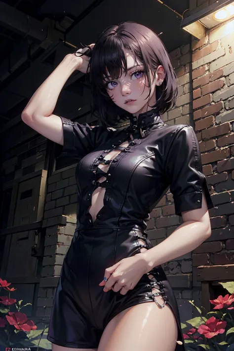 highres, masterpiece, perfect lighting, bloom, cinematic lighting, adult, female, looking at viewer, cowboy shot, (RSEEmma:1.5)<lora:RSERomantic_RSESofiko_RSEEmma-v1:0.3>, goth girl, goth makeup, pale skin, bangs, short hair, jet black hair, purple eyes, scowl, <lora:Zinnia:0.8> <lora:weight_slider_v2:-0.5>