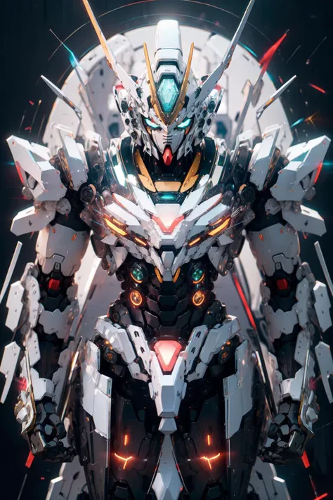 (Gundam,solo),green_eyes,standing,(no_humans),glowing,(robot,mecha),clenched_hands,science_fiction,v-fin,mobile_suit, cinematic lighting,strong contrast,high level of detail,Best quality,masterpiece,8k uhd, detailed shape  <lora:gundam_Transparent:0.75>