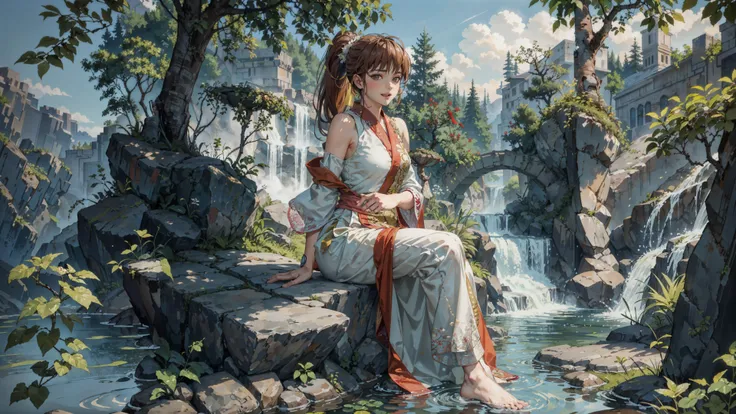 best quality, perfect face, intricate, beautiful scenery, 1girl, kasumi \(doa\), (doa kasumi fase:1.1), 20.y.o, ponytail, medium breasts, hair flowing in the wind, (beautiful face:1.2), beautiful skin, cinematic lighting, looking at viewer, detailed background, full body, noon, outdoor, branch, day, forest, leaf, nature, outdoors, plant, pond, tree, water, waterfall, wearing wrenchpjbss, dupatta, embroidery, white dress, sitting pose <lora:wrenchpjbss:0.8> <lora:Kasumi:0.7>