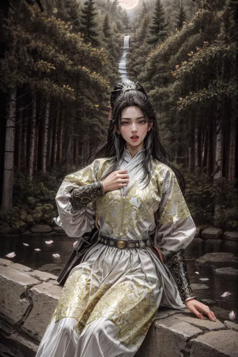 <(best quality, extremery best quality, masterpiece:1.4), (realistic, intricate details:1.4), (photorealistic:1.4), (extremely intricate:1.4), highres, ultra highres, ultra detailed, ultra-detailed, absurdres, incredibly absurdres, extremely detailed, high quality, high resolution, hyperrealistic, ultra-realistic, hyper-detailed, top quality, best, fine detail, massive detail, Highly detailed, extreme detailed, highest detailed, high-res, absolutely resolution, reflection, (refraction:1.4), (hyperrealism:1.4), ultra realistic details, highly intricate details, insane details>, BREAK, (1girl:1.3), solo, looking at viewer, (young cute beautiful 18-year-old girl:1.4), 3d face, (hand of Guido Daniele:1.4), beautiful girl, Beautiful face, pretty, girlface, kpop idol, supermodel, stunning innocent symmetry face, perfect body, medium breast, slim waist, slim legs, (high detailed skin:1.5), glowing eyes, goddess, natural skin texture, shiny skin, White skin, Beautiful detailed face, detailed face, real skin texture, cute delicate face, finely detailed face, golden ratio, golden ratio face, expressive eyes, perfect face, perfect skin, flawless face, clear face, shiny hair, pale skin, Proper body proportion, perfect anatomy, realistic skin texture, luscious lips, glossy lips, natural makeup, beautiful bright pupils, slender figure, intricate eyes, detailed pupils, detailed face and eyes, longeyelashes, blush, good hand, perfect hands, pretty face, beautiful female bodies, finely detailed skin, oily shiny skin, clean facial features, an extremely delicate and beautiful, cute & girly, beautiful detailed eyes, stars in the eyes, detailed simmetric eyes, perfect smooth skin texture, BREAK, (((((brilliant colors, (white robe, chinese clothes, (Bracers:1.2), white robe, chinese clothes, sexy, slim, in the style of energetic movement, low-angle, long hair, gray hair, white hair, purple eyes, sword, ((holding sword)), blue flames, glowing weapon, light particles, wallpaper, chromatic aberration:1.4), goddess women, aura, most beautiful artwork in the world, atmosphere:1.2), (dramatic, gritty, intense:1.4), (depth of field:1.7), (palace, plum blossoms, a girl in hanfu, mountain, river, old tree, pine trees, birds, moss, there is white cat sitting near girl:1.2), (ornaments detailed, traditional clothes, water, chinese clothes, sash, tree, petals, hair ornament, floating hair, rock, falling petals, flower, chinese traditional architecture, ancient art, chinese style, Chinese, lake background, chinese buildings, misty lake, ancient chinese background, after the rain, wet grass and trees, waterfall, flying splashes, flying petals, leaves, bloom, bloom effect, surrounded by heavy floating petal flow, petal, leaves falling from the tree, peaceful atmosphere, mountainous backdrop, authentic cultural experience, quiet whispers, hushed conversations, tranquil silence, crisp air, soulful melodies, a sense of belonging, bonding with nature, quiet reflection:1.3), (long_hair, mountain background, forest, river in background, landscape, water reflection:1.3), slow-motion action sequences, surreal details, charging forward, (light anger:1.4), ( absurdly long hair:1.5), ((The girl looked disgusted)), (long legs:1.3), A shot with tension, (Visual impact, giving the poster a dynamic and visually striking appearance:1.2), impactful picture, (joshua middleton comic cover art, hypermaximalist, instagram contest winner, fashion color scheme, trending on cgsociety, playful illustrations, imaginative overlays, artistic fusion, fantastical scenes, evocative narratives, striking visuals:1.3), (Glowing ambiance, enchanting radiance, luminous lighting, ethereal atmosphere, mesmerizing glow, evocative hues, captivating coloration, dramatic lighting, enchanting aura:1.2), (moon, melanchonic soft light, photorealistic faces, moody lighting:1.4), (night, Night time, moon light, Golden Hour, sky, landscape, stars, starry, galaxy sky, milky way, night sky full of stars:1.2), (braids, floating hair, rock, bloom, bloom effect, random patterns, energetic movement, bold colors, dynamic texture, spontaneous creativity:1.2), (blush, Pink lips, Pink lip colour, flat bangs:1.4), (long_hair, outdoors:1.3), (breeze, dust is drifting, ethereal, scenery, nature, mysterious background, fog, wind:1.2), (iridescent colors, Iridescence, mysterious, fantasy background, fantasy, open mouth:1.2), (Luminescent Particles:1.3), (fullbody:1.2), (eye focus, face focus, character focus, close-up face:1.2), (dutch angle, cowboy shot:1.3), colorful refraction)))), BREAK, <hyper realistic DSLR photo, Nikon D5, cinematic portrait, portrait, ultra sharp, analog film photography, film emulation, bokeh, blurry noise background, watercolor, available light, detailed light, volumetric fog, beautiful lighting, Rembrandt lighting, Cinematic, pixel art, game art, key visual, surreal, PBR Texturing, Anisotropic Filtering, Maximum Clarity And Sharpness, Albedo And Specular Maps, Multi-Layered Textures, Surface Shading, Sub-Pixel Convolution, Sub-Pixel Convolution, Accurate Simulation Of Light-Material Interaction, blurry foreground, broad light, volumetric light effect, matte painting, perfectly defined features, volumetric lighting, Tone Mapping, Lumen Reflections, Global illumination, Ray Tracing, Screen Space Global Illumination, Accent Lighting, 32k, Natural Lighting, volumetric, cinematic masterpiece, Rule of thirds, high dynamic range, Multi-exposure HDR capture, cinematic render, game cg cinematic, atmospheric perspective, scene, epic dynamic frame, motion blur, ((cinematic look, Film look)), rim light, 4k textures, adobe lightroom, photolab, hyperdetailed, exposure blend, professional color grading, professional color correction, aerial perspective, particles and dust in beams of light, cinematic scene, dynamic lighting, sharp details, lomography, soft focus, light leaks, bold hues, atmospheric depth, (explosive light and shadow:1.2), aesthetics, intricate designs, ultra realistic digital art, (zentangle, mandala, tangle, entangle), (fractal art), elegant, vivid colours, floating particles, particles, epic, (ink drawing, oil painting detailed), RAW, huge filesize, extremery detailed CG, Photo, 8k uhd, cinematic atmosphere, trending on artstation, award-winning glamour photograph, highly detailed photo, official art, beautiful and aesthetic, unity 8k wallpaper, beautiful, highly detailed CG illustration, best illustration, intricate, Amazing, emotional, analog, painting, digital painting, concept art, Oil Painting, illustration, Classical art, Renaissance, Romanticism, Neoclassicism, Color Palette, depth and contrast, Vibrant colors, saturated, rich saturation, color harmony, vivid palette, concept-art, design style, detail character, concept render, colorful, analog photography, dreamy atmosphere, specular highlights, atmospheric lighting, (dynamic angle, dynamic pose :1.3), (shiny, clothes reflecting light, lens flare, bloom effect, light particle, lens glare:1.3), realistic light, realistic lighting, cinematic light, (cinematic lighting), light in the face, soft lighting, saturated colors, detailed background, sharp focus, 8k high definition, perspective, Master Composition, roughness, post-processing, soft shadows, realistic shadows, ambient occlusion, ray-tracing, subsurface scattering, photon mapping, physically-based rendering, octane rendering, unreal engine 5, ue5 rendering, Adobe After FX, dslr, RTX, Best character details, radiosity, sharp, antialiased, RAW photo, HDR, 8k, 4k, (((Photographed by Roger Deakins, using a RED Monstro 8K VV camera and a series of high-end lenses))), ((Hasselblad photography)), (film grain:1.4), Kodak portra 400, ((Fujifilm X-T5)), professional photograph, caustics, Broad lighting, diffuse lighting, rim lighting, two tone lighting, textile details, visible pores, high resolution scan, professionally color graded, photographic reality, automatic white balance, best lighting, detailed shadow, high contrast, strong light and shadow>, (PureErosFace_V1:0.4), (ulzzang-6500:0.6), <lora:epiNoiseoffset_v3:2>, <lora:add_detail:0.6>, <lora:hipoly_3dcg_v7-epoch-000012:0.6>, (kbxll:0.6), <lora:more_details:0.6>, <lora:Chinese clothing, Feiyu outfit:1>