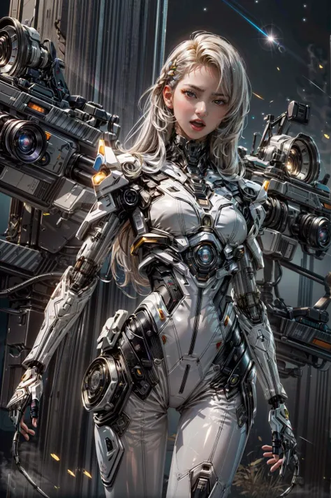 <(best quality, extremery best quality, masterpiece:1.4), (realistic, intricate details:1.4), (photorealistic:1.4), (extremely intricate:1.4), highres, ultra highres, ultra detailed, ultra-detailed, absurdres, incredibly absurdres, extremely detailed, high quality, high resolution, hyperrealistic, ultra-realistic, hyper-detailed, top quality, best, fine detail, massive detail, Highly detailed, extreme detailed, highest detailed, high-res, absolutely resolution, reflection, (refraction:1.4), (hyperrealism:1.4), ultra realistic details, highly intricate details, insane details>, BREAK, (1girl:1.3), solo, looking at viewer, (young cute beautiful 18-year-old girl:1.4), 3d face, (hand of Guido Daniele:1.4), beautiful girl, Beautiful face, pretty, girlface, kpop idol, supermodel, stunning innocent symmetry face, perfect body, medium breast, slim waist, slim legs, (high detailed skin:1.5), glowing eyes, goddess, natural skin texture, shiny skin, White skin, Beautiful detailed face, detailed face, real skin texture, cute delicate face, finely detailed face, golden ratio, golden ratio face, expressive eyes, perfect face, perfect skin, flawless face, clear face, shiny hair, pale skin, Proper body proportion, perfect anatomy, realistic skin texture, luscious lips, glossy lips, natural makeup, beautiful bright pupils, slender figure, intricate eyes, detailed pupils, detailed face and eyes, longeyelashes, blush, good hand, perfect hands, pretty face, beautiful female bodies, finely detailed skin, oily shiny skin, clean facial features, an extremely delicate and beautiful, cute & girly, beautiful detailed eyes, stars in the eyes, detailed simmetric eyes, perfect smooth skin texture, BREAK, (((((brilliant colors, (silver cloth, mecha hands, (holding big gun), silver mecha bodysuit, high cut bodysuit, moon surface, mecha arms, mecha jiont, sexy, slim, (white mecha), mecha leggings, Tangled wires, messy data cables, circuit console, in the style of energetic movement, low-angle, liquid metal inspired, long hair, gray hair:1.4), goddess women, aura, most beautiful artwork in the world, atmosphere, (neon, cyborg:1.2),(cyberpunk background:1.2), (sparkly:1.2), (Futuristic cyberpunk cityscape bathed in neon lights, a lone full mech tech robot:1.2), (dramatic, gritty, intense:1.4), (depth of field:1.7), slow-motion action sequences, surreal details, charging forward, (light anger:1.4), ( absurdly long hair:1.5), ((The girl looked disgusted)), (long legs:1.3), A shot with tension, (Visual impact, giving the poster a dynamic and visually striking appearance:1.2), impactful picture, (joshua middleton comic cover art, hypermaximalist, instagram contest winner, fashion color scheme, trending on cgsociety, playful illustrations, imaginative overlays, artistic fusion, fantastical scenes, evocative narratives, striking visuals:1.3), (Glowing ambiance, enchanting radiance, luminous lighting, ethereal atmosphere, mesmerizing glow, evocative hues, captivating coloration, dramatic lighting, enchanting aura:1.2), (moon, melanchonic soft light, photorealistic faces, moody lighting:1.4), (night, Night time, moon light, Golden Hour, sky, landscape, stars, starry, galaxy sky, milky way, night sky full of stars:1.2), (braids, floating hair, rock, bloom, bloom effect, random patterns, energetic movement, bold colors, dynamic texture, spontaneous creativity:1.2), (blush, Pink lips, Pink lip colour, flat bangs:1.4), (long_hair, outdoors:1.3), (breeze, dust is drifting, ethereal, scenery, nature, mysterious background, fog, wind:1.2), (iridescent colors, Iridescence, mysterious, fantasy background, fantasy, open mouth:1.2), (Luminescent Particles:1.3), (fullbody:1.2), (eye focus, face focus, character focus, close-up face:1.2), (dutch angle, cowboy shot:1.3), colorful refraction)))), BREAK, <hyper realistic DSLR photo, Nikon D5, cinematic portrait, portrait, ultra sharp, analog film photography, film emulation, bokeh, blurry noise background, watercolor, available light, detailed light, volumetric fog, beautiful lighting, Rembrandt lighting, Cinematic, pixel art, game art, key visual, surreal, PBR Texturing, Anisotropic Filtering, Maximum Clarity And Sharpness, Albedo And Specular Maps, Multi-Layered Textures, Surface Shading, Sub-Pixel Convolution, Sub-Pixel Convolution, Accurate Simulation Of Light-Material Interaction, blurry foreground, broad light, volumetric light effect, matte painting, perfectly defined features, volumetric lighting, Tone Mapping, Lumen Reflections, Global illumination, Ray Tracing, Screen Space Global Illumination, Accent Lighting, 32k, Natural Lighting, volumetric, cinematic masterpiece, Rule of thirds, high dynamic range, Multi-exposure HDR capture, cinematic render, game cg cinematic, atmospheric perspective, scene, epic dynamic frame, motion blur, ((cinematic look, Film look)), rim light, 4k textures, adobe lightroom, photolab, hyperdetailed, exposure blend, professional color grading, professional color correction, aerial perspective, particles and dust in beams of light, cinematic scene, dynamic lighting, sharp details, lomography, soft focus, light leaks, bold hues, atmospheric depth, (explosive light and shadow:1.2), aesthetics, intricate designs, ultra realistic digital art, (zentangle, mandala, tangle, entangle), (fractal art), elegant, vivid colours, floating particles, particles, epic, (ink drawing, oil painting detailed), RAW, huge filesize, extremery detailed CG, Photo, 8k uhd, cinematic atmosphere, trending on artstation, award-winning glamour photograph, highly detailed photo, official art, beautiful and aesthetic, unity 8k wallpaper, beautiful, highly detailed CG illustration, best illustration, intricate, Amazing, emotional, analog, painting, digital painting, concept art, Oil Painting, illustration, Classical art, Renaissance, Romanticism, Neoclassicism, Color Palette, depth and contrast, Vibrant colors, saturated, rich saturation, color harmony, vivid palette, concept-art, design style, detail character, concept render, colorful, analog photography, dreamy atmosphere, specular highlights, atmospheric lighting, (dynamic angle, dynamic pose :1.3), (shiny, clothes reflecting light, lens flare, bloom effect, light particle, lens glare:1.3), realistic light, realistic lighting, cinematic light, (cinematic lighting), light in the face, soft lighting, saturated colors, detailed background, sharp focus, 8k high definition, perspective, Master Composition, roughness, post-processing, soft shadows, realistic shadows, ambient occlusion, ray-tracing, subsurface scattering, photon mapping, physically-based rendering, octane rendering, unreal engine 5, ue5 rendering, Adobe After FX, dslr, RTX, Best character details, radiosity, sharp, antialiased, RAW photo, HDR, 8k, 4k, (((Photographed by Roger Deakins, using a RED Monstro 8K VV camera and a series of high-end lenses))), ((Hasselblad photography)), (film grain:1.4), Kodak portra 400, ((Fujifilm X-T5)), professional photograph, caustics, Broad lighting, diffuse lighting, rim lighting, two tone lighting, textile details, visible pores, high resolution scan, professionally color graded, photographic reality, automatic white balance, best lighting, detailed shadow, high contrast, strong light and shadow>, (PureErosFace_V1:0.4), (ulzzang-6500:0.6), <lora:epiNoiseoffset_v3:2>, <lora:add_detail:0.6>, <lora:hipoly_3dcg_v7-epoch-000012:0.6>, (kbxll:0.6), <lora:more_details:0.6>, <lora:white mecha v1:0.6>
