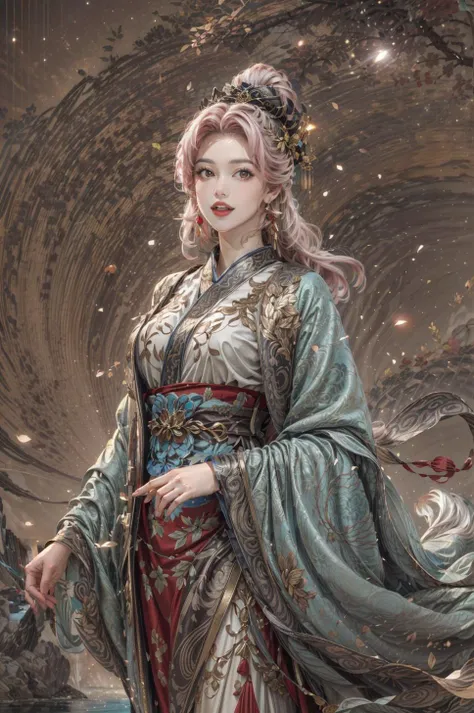 <(best quality, extremery best quality, masterpiece:1.4), (realistic, intricate details:1.4), (photorealistic:1.4), (extremely intricate:1.4), highres, ultra highres, ultra detailed, ultra-detailed, absurdres, incredibly absurdres, extremely detailed, high quality, high resolution, hyperrealistic, ultra-realistic, hyper-detailed, top quality, best, fine detail, massive detail, Highly detailed, extreme detailed, highest detailed, high-res, absolutely resolution, reflection, (refraction:1.4), (hyperrealism:1.4), ultra realistic details, highly intricate details>, BREAK, (1girl:1.3), solo, looking at viewer, (young cute beautiful 18-year-old girl:1.4), 3d face, (hand of Guido Daniele:1.4), beautiful girl, Beautiful face, pretty, girlface, kpop idol, supermodel, stunning innocent symmetry face, perfect body, medium breast, slim waist, slim legs, (high detailed skin:1.5), glowing eyes, goddess, natural skin texture, shiny skin, White skin, Beautiful detailed face, detailed face, real skin texture, cute delicate face, finely detailed face, golden ratio, golden ratio face, expressive eyes, perfect face, perfect skin, flawless face, clear face, shiny hair, pale skin, Proper body proportion, perfect anatomy, realistic skin texture, luscious lips, glossy lips, natural makeup, beautiful bright pupils, slender figure, intricate eyes, detailed pupils, detailed face and eyes, longeyelashes, blush, good hand, perfect hands, pretty face, beautiful female bodies, finely detailed skin, oily shiny skin, clean facial features, an extremely delicate and beautiful, cute & girly, beautiful detailed eyes, stars in the eyes, detailed simmetric eyes, perfect smooth skin texture, BREAK, (((((brilliant colors, (joshua middleton comic cover art, theater dance scene, hypermaximalist, ink painting, instagram contest winner, model pose, fashion color scheme, trending on cgsociety, playful illustrations, imaginative overlays, artistic fusion, fantastical scenes, evocative narratives, striking visuals:1.3), (Glowing ambiance, enchanting radiance, luminous lighting, ethereal atmosphere, mesmerizing glow, evocative hues, captivating coloration, dramatic lighting, enchanting aura:1.2), (moon, palace, Hibiscus, nymphaea, plum blossoms, a girl in hanfu, melanchonic soft light, photorealistic faces, moody lighting:1.4), (night, Night time, moon light, Golden Hour, sky, landscape, stars, starry, galaxy sky, milky way, night sky full of stars:1.2), (dancing, mountain, river, old tree, Ribbon, Elegant, She soared through the air in her flowing dress and fluttering ribbons, Graceful and graceful, pine trees, birds, moss, there is orange cat sitting near girl:1.2), (hanfu, ornaments detailed, traditional clothes, braids, water, jewelry, chinese clothes, earrings, sash, long sleeves, tree, petals, hair ornament, floating hair, dress, rock, falling petals, flower, chinese traditional architecture, ancient art, chinese style, Chinese, lake background, chinese buildings, misty lake, ancient chinese background, after the rain, wet grass and trees, waterfall, flying splashes, flying petals, leaves, bloom, bloom effect, surrounded by heavy floating petal flow, petal, leaves falling from the tree, peaceful atmosphere, mountainous backdrop, authentic cultural experience, quiet whispers, hushed conversations, tranquil silence, crisp air, soulful melodies, a sense of belonging, bonding with nature, quiet reflection, random patterns, energetic movement, bold colors, dynamic texture, spontaneous creativity:1.2), (smile, blush, Pink hair, Pink eye, long hair, Pink eyelashes, Pink lips, Pink lip colour, Eyes glowing Pink, flat bangs, happy expression, warm smile, cute smile, smiling:1.4), (long_hair, mountain background, forest, river in background, landscape, water reflection, outdoors:1.3), (mountains, breeze, dust is drifting, ethereal, scenery, nature, mysterious background, fog, wind:1.2), (iridescent colors, Iridescence, mysterious, fantasy background, fantasy, open mouth:1.2), (Luminescent Particles:1.3), (fullbody:1.2), (eye focus, face focus, character focus, close-up face:1.2), (dutch angle, cowboy shot:1.3), colorful refraction)))), BREAK, <hyper realistic DSLR photo, Nikon D5, cinematic portrait, portrait, ultra sharp, analog film photography, film emulation, bokeh, blurry noise background, watercolor, available light, detailed light, volumetric fog, beautiful lighting, Rembrandt lighting, Cinematic, pixel art, game art, key visual, surreal, PBR Texturing, Anisotropic Filtering, Maximum Clarity And Sharpness, Albedo And Specular Maps, Multi-Layered Textures, Surface Shading, Sub-Pixel Convolution, Sub-Pixel Convolution, Accurate Simulation Of Light-Material Interaction, blurry foreground, broad light, volumetric light effect, matte painting, perfectly defined features, volumetric lighting, Tone Mapping, Lumen Reflections, Global illumination, Ray Tracing, Screen Space Global Illumination, Accent Lighting, 32k, Natural Lighting, volumetric, cinematic masterpiece, Rule of thirds, high dynamic range, Multi-exposure HDR capture, cinematic render, game cg cinematic, atmospheric perspective, scene, epic dynamic frame, motion blur, ((cinematic look, Film look)), rim light, 4k textures, adobe lightroom, photolab, insane details, hyperdetailed, exposure blend, professional color grading, professional color correction, aerial perspective, particles and dust in beams of light, cinematic scene, dynamic lighting, sharp details, lomography, soft focus, light leaks, bold hues, atmospheric depth, (explosive light and shadow:1.2), aesthetics, intricate designs, ultra realistic digital art, (zentangle, mandala, tangle, entangle), (fractal art), elegant, vivid colours, floating particles, particles, dramatic, epic, (ink drawing, oil painting detailed), RAW, huge filesize, extremery detailed CG, Photo, 8k uhd, cinematic atmosphere, trending on artstation, award-winning glamour photograph, highly detailed photo, official art, beautiful and aesthetic, unity 8k wallpaper, beautiful, highly detailed CG illustration, best illustration, intricate, Amazing, emotional, analog, painting, digital painting, concept art, Oil Painting, illustration, Classical art, Renaissance, Romanticism, Neoclassicism, Color Palette, depth and contrast, Vibrant colors, saturated, rich saturation, color harmony, vivid palette, concept-art, design style, detail character, concept render, colorful, analog photography, dreamy atmosphere, specular highlights, atmospheric lighting, (dynamic angle, dynamic pose :1.3), (shiny, clothes reflecting light, lens flare, bloom effect, light particle, lens glare:1.3), realistic light, realistic lighting, cinematic light, (cinematic lighting), light in the face, soft lighting, saturated colors, detailed background, sharp focus, 8k high definition, perspective, Master Composition, roughness, post-processing, soft shadows, realistic shadows, ambient occlusion, ray-tracing, subsurface scattering, photon mapping, physically-based rendering, octane rendering, unreal engine 5, ue5 rendering, Adobe After FX, dslr, RTX, Best character details, radiosity, sharp, antialiased, RAW photo, HDR, 8k, 4k, (((Photographed by Roger Deakins, using a RED Monstro 8K VV camera and a series of high-end lenses))), ((Hasselblad photography)), (film grain:1.4), Kodak portra 400, ((Fujifilm X-T5)), professional photograph, depth of field, caustics, Broad lighting, diffuse lighting, rim lighting, two tone lighting, textile details, visible pores, high resolution scan, professionally color graded, photographic reality, automatic white balance, best lighting, detailed shadow, high contrast, strong light and shadow>, (PureErosFace_V1:0.3), (ulzzang-6500:0.7), <lora:epiNoiseoffset_v3:2>, <lora:add_detail:0.7>, <lora:hipoly_3dcg_v7-epoch-000012:0.7>, (kbxll:0.7), <lora:more_details:0.7>, <lora:anxiang:0.55>