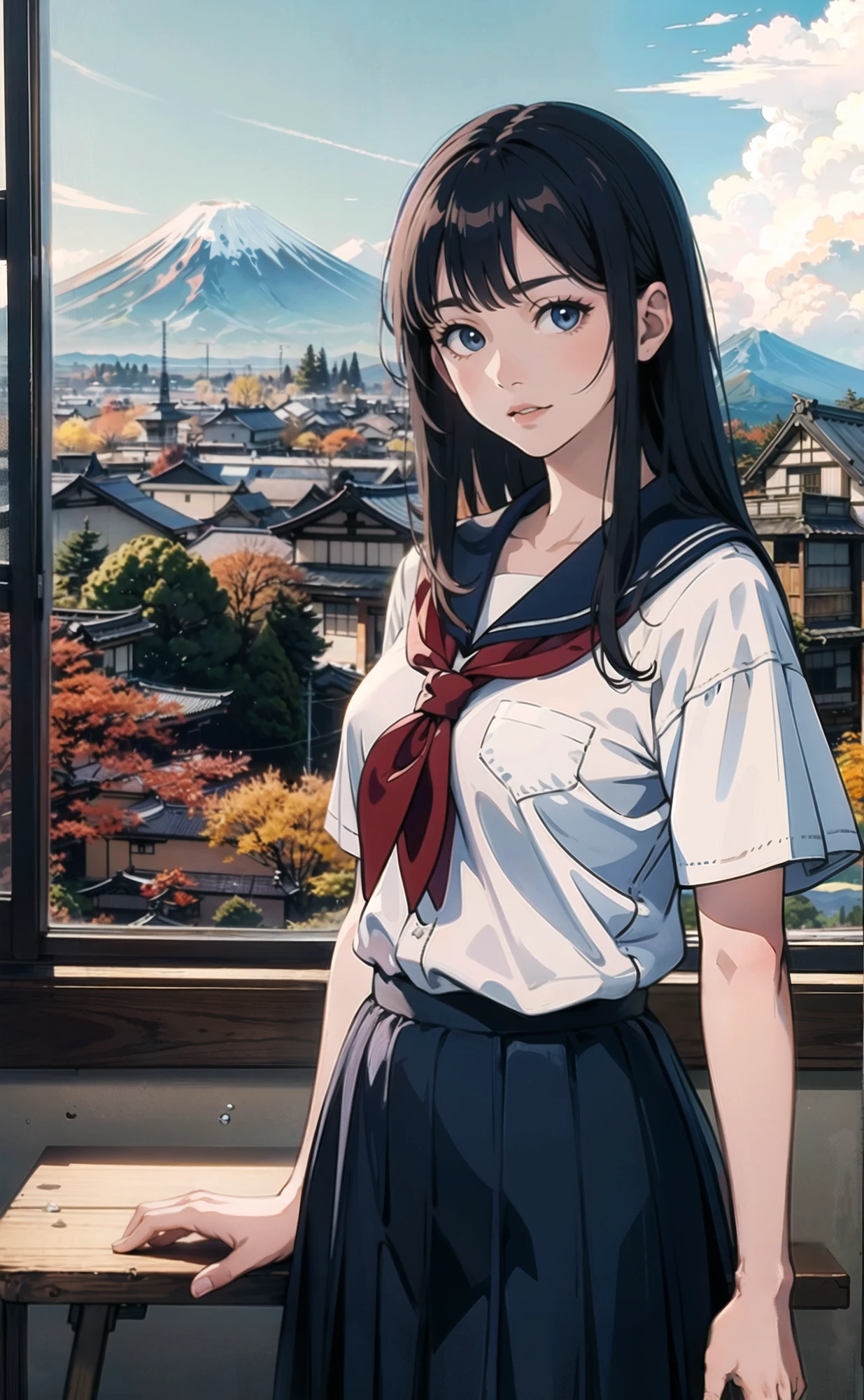 (masterpiece, top quality, best quality), (splash art), realistic anime, (japanese girl), looking at camera, in classroom, big window, japanese countryside, village, stunning, wide shot, (mt fuji), fall, wind