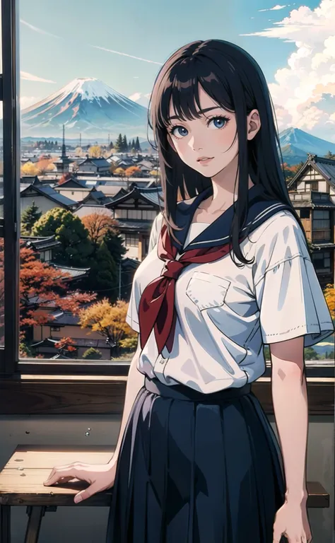 (masterpiece, top quality, best quality), (splash art), realistic anime, (japanese schoolgirl), looking at camera, in classroom, big window, japanese countryside, village, stunning, wide shot, (mt fuji), fall, wind