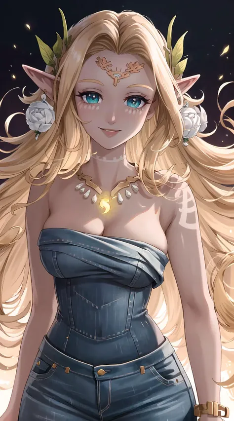 SoniaTotk, 1girl, solo, (realistic:0.5), masterpiece, solo, (best quality, perfect detailed, beautifully detailed face, detailed eyes), glistening shiny, ray tracing, DOF, HDR, gradient eyes, sharp eyelashes, ((eyelashes)), mascara, detail_face, eyelashes, shiny hair, flirting, seductive smile, parted lips, medium breasts, cleavage, bare shoulder, (soft particles floating:1.1), ((looking at viewer)), (playmate pose:1.1), (full body:1.1), ((8k wallpaper)), ((highres)), jewelry, blonde hair, pointy ears, long hair, tattoo, green eyes, earrings, necklace, dark skin, dark-skinned female, smile, looking at viewer, dress, hair ornament, circlet, upper body, (tight jeans:1.5)