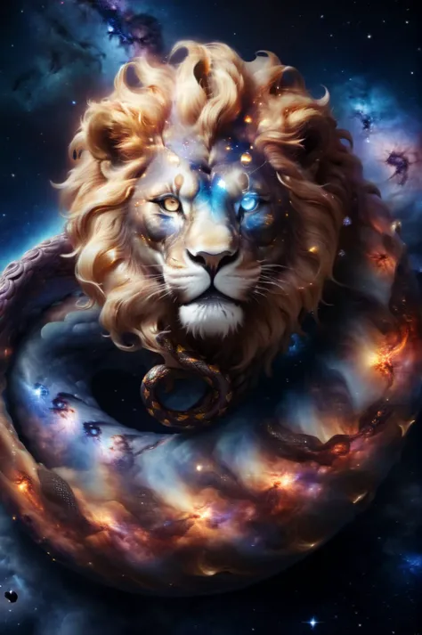 Deep space nebula snake body with lion head, Kali Yuga, Demiurge, serpent eyes, body adorned with cosmic lights, galaxy clusters, surrealism, astronomical scale, huge, epic, unimaginable size, Roar emitting consciousness and cosmic matter, masterpiece
<lora:xl_more_art-full_v1:1>
<lora:c0nst3llation:1>, c0nst3llation