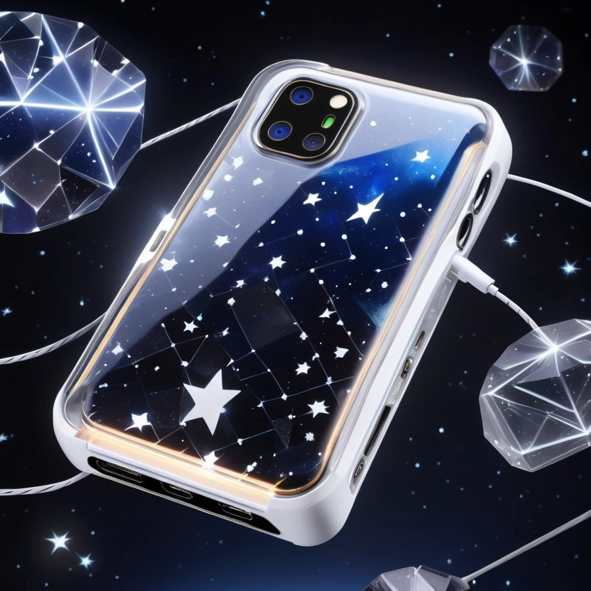 c0nst3llation,crystal white transparent, made out of stars and galaxies , night sky, Bioengineered Organism, Card Slots,Power Cords,USB Cables, Houndstooth, Metallic, , <lora:c0nst3llation:0.8>