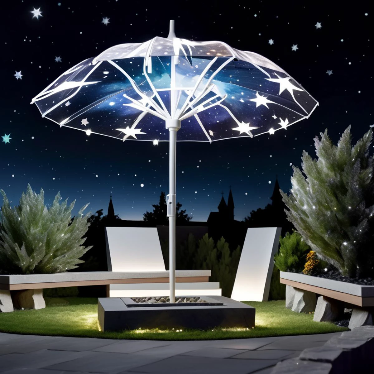 c0nst3llation,crystal white transparent, made out of stars and galaxies , night sky, Churches, Quartzite stone, Glow-in-the-Dark Plants, Patio Umbrella Lights, <lora:c0nst3llation:0.8>