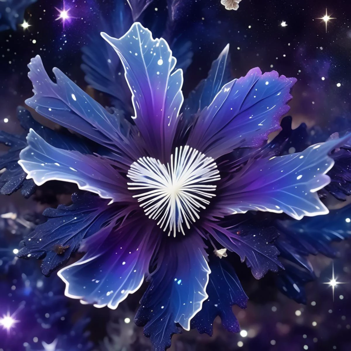 c0nst3llation,crystal white transparent, made out of stars and galaxies , night sky, Sturdy Bluish-Purple Spore Print Fleshy-rooted Erect plant, Heart-shaped Bipinnate leaf, Palmate Venation, Rosette-basal, Revolute Leaf Margin, Polysepalous, Tetracladous Phyllotaxy, , <lora:c0nst3llation:0.8>