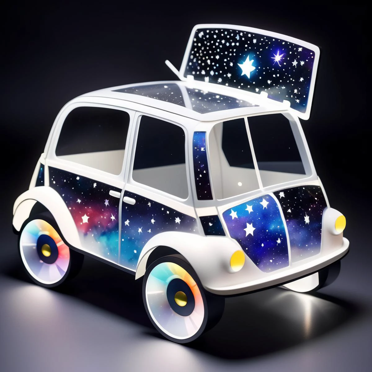 c0nst3llation,crystal white transparent, made out of stars and galaxies , night sky, Enormous Mole Machine (Fictional), Hatchback Design, Winch Bumper, Steel, Vintage, Prismatic Coating, Velvety Plushness,, <lora:c0nst3llation:0.8>