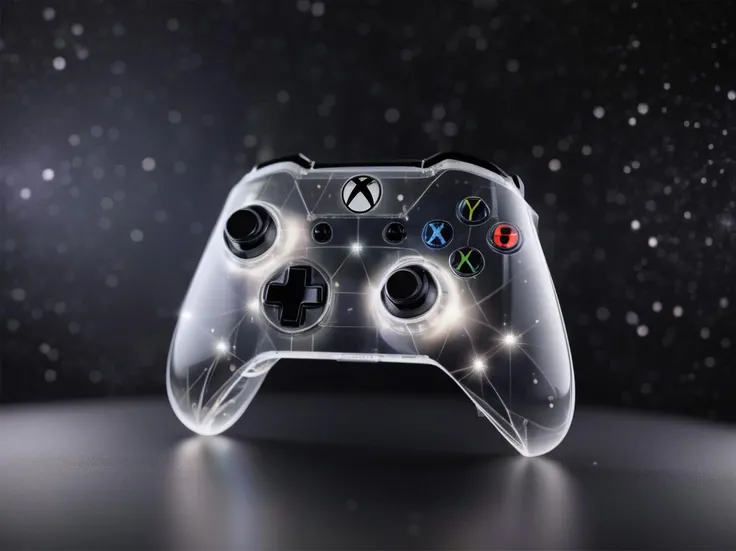 c0nst3llation,((a transparent crystal xbox controller made out of constellation style and signs with stars)),bokeh black and white space backdrop,<lora:c0nst3llation:1:2>,