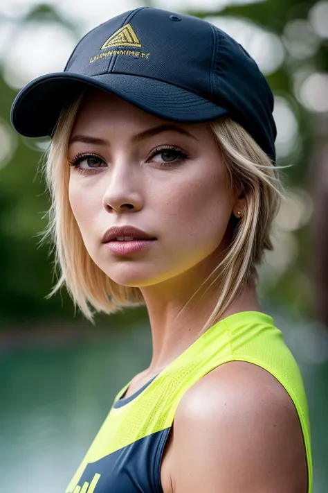 photo of beautiful (tl0rds-130:0.99), a woman with perfect blonde hair, wearing Summer Yellow (Running Singlet, Running Shorts, Running Shoes, Running Cap:1.1),  (lake:1.1), closeup portrait, modelshoot style, (extremely detailed CG unity 8k wallpaper), professional majestic photography, (Leica M6 Camera), 24mm, exposure blend, hdr, faded, extremely intricate, High (Detail:1.1), Sharp focus, dramatic, soft cinematic light, (looking at viewer), (detailed pupils), 4k textures, elegant, ((((cinematic look)))), soothing tones, insane details, hyperdetailed, low contrast, epiCPhoto