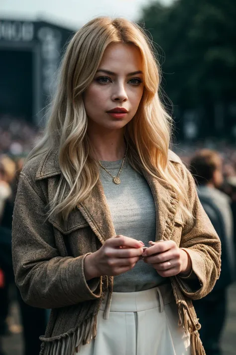 photo of beautiful (tl0rds-130:0.99), a woman with perfect blonde hair, wearing Sandstone (Fringed Jacket, Wide-leg Pants:1.1), (stadium rock concert surrounded by people and people:1.1), closeup, modelshoot style, (extremely detailed CG unity 8k wallpaper), professional majestic photography, (Leica M6 Camera), 24mm, exposure blend, hdr, faded, extremely intricate, High (Detail:1.1), Sharp focus, dramatic, soft cinematic light, (looking at viewer), (detailed pupils), 4k textures, elegant, ((((cinematic look)))), soothing tones, insane details, hyperdetailed, low contrast, epiCPhoto