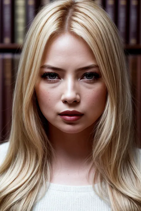 photo of beautiful (tl0rds-130:0.99), a woman with perfect blonde hair, wearing Hunter Blaze Orange (serafuku:1.1),  (haunted library:1.1), closeup portrait, modelshoot style, (extremely detailed CG unity 8k wallpaper), professional majestic photography, (Leica M6 Camera), 24mm, exposure blend, hdr, faded, extremely intricate, High (Detail:1.1), Sharp focus, dramatic, soft cinematic light, (looking at viewer), (detailed pupils), 4k textures, elegant, ((((cinematic look)))), soothing tones, insane details, hyperdetailed, low contrast, epiCPhoto