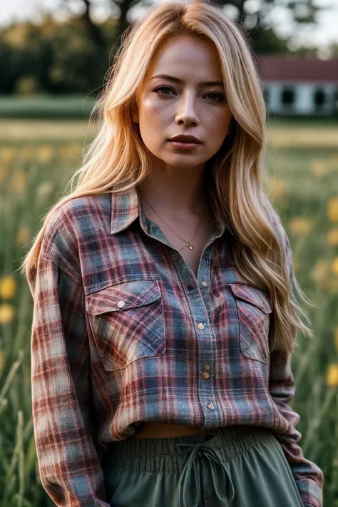 photo of beautiful (tl0rds-130:0.99), a woman with perfect blonde hair, wearing Copper (Plaid Shirt, Palazzo Shorts:1.1),  (field of flowers:1.1), closeup portrait, modelshoot style, (extremely detailed CG unity 8k wallpaper), professional majestic photography, (Leica M6 Camera), 24mm, exposure blend, hdr, faded, extremely intricate, High (Detail:1.1), Sharp focus, dramatic, soft cinematic light, (looking at viewer), (detailed pupils), 4k textures, elegant, ((((cinematic look)))), soothing tones, insane details, hyperdetailed, low contrast, epiCPhoto