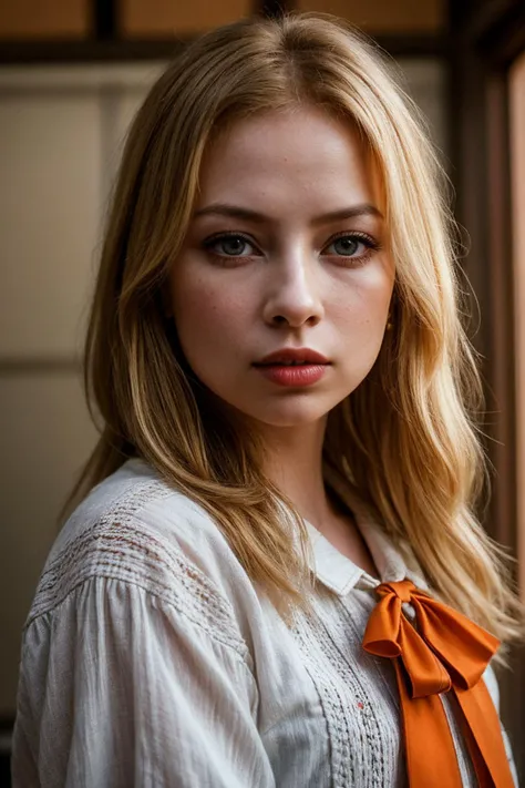 photo of beautiful (tl0rds-130:0.99), a woman with perfect blonde hair, wearing Monarch Orange (ribbon trim:1.1),  (chicken coop:1.1), closeup portrait, painted lips, modelshoot style, (extremely detailed CG unity 8k wallpaper), professional majestic photography, (Leica M6 Camera), 24mm, exposure blend, hdr, faded, extremely intricate, High (Detail:1.1), Sharp focus, dramatic, soft cinematic light, (looking at viewer), (detailed pupils), 4k textures, elegant, ((((cinematic look)))), soothing tones, insane details, hyperdetailed, low contrast, epiCPhoto