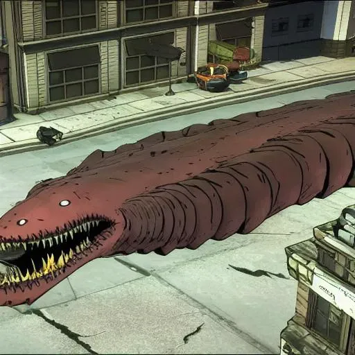 a large monster worm in a city telltale style