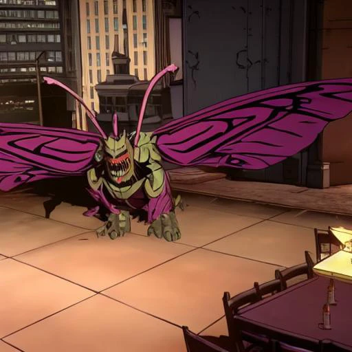 a huge monster butterfly demon in a city  telltale style