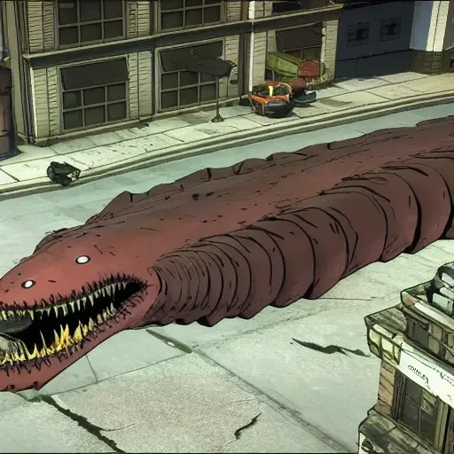 a large monster worm in a city telltale style