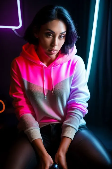 DEN_yegola_SG,
sitting at a computer wearing headphones and playing games (holding a controller:1.2) wearing a hoodie in a (neon lit room:1.3), (gamer:1.2), gaming, gamer girl, games, (purple lighting, neon:1.2),
bokeh, f1.4, 40mm, photorealistic, raw, 8k, textured skin, skin pores, intricate details  <lora:epi_noiseoffset2:1>, epiCRealism,  <lora:ClothingAdjuster3:-0.8>