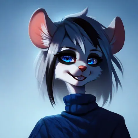 digital_media_(artwork) hi_res, score_9, score_8_up, score_7_up, score_6_up, score_5_up, score_4_up, rating_safe, beautiful, anthro, furry, female, detailed textured fur, fur tufts, fluffy, slim, slender, cute, sweater, baggy denim pants, beautiful blue eyes, detailed eyes, smile, solo, SFW, mouse, long grey hair, multicolored hair, streaked hair, absurdres, highres, goth, heavy eyeliner, heavy eye shadow,