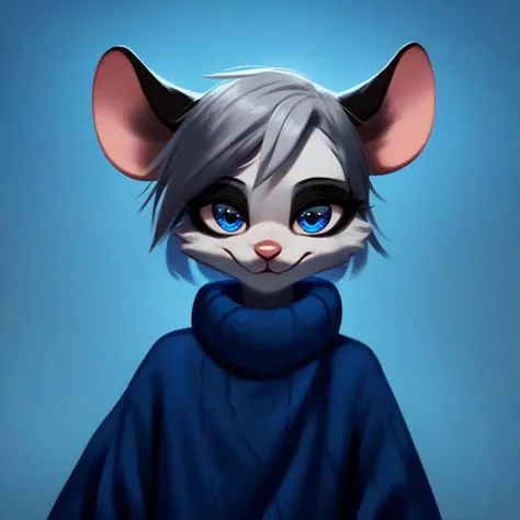 digital_media_(artwork) hi_res, score_9, score_8_up, score_7_up, score_6_up, score_5_up, score_4_up, rating_safe, beautiful, anthro, furry, female, detailed textured fur, fur tufts, fluffy, slim, slender, cute, sweater, baggy denim pants, beautiful blue eyes, detailed eyes, smile, solo, SFW, mouse, long grey hair, multicolored hair, streaked hair, absurdres, highres, goth, heavy eyeliner, heavy eye shadow,