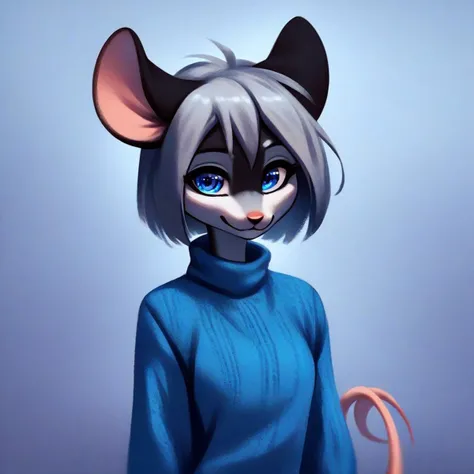 digital_media_(artwork) hi_res, score_9, score_8_up, score_7_up, score_6_up, score_5_up, score_4_up, rating_safe, beautiful, anthro, furry, female, detailed textured fur, fur tufts, fluffy, slim, slender, cute, sweater, baggy denim pants, beautiful blue eyes, detailed eyes, smile, solo, SFW, mouse, long grey hair, multicolored hair, streaked hair, absurdres, highres,