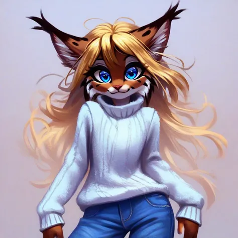 digital_media_(artwork) hi_res, score_9, score_8_up, score_7_up, score_6_up, score_5_up, score_4_up, rating_safe, beautiful, anthro, furry, feline, female, detailed textured fur, fur tufts, fluffy, slim, slender, cute, sweater, baggy denim pants, beautiful blue eyes, detailed eyes, smile, solo, SFW, lynx, long blonde hair, multicolored hair, streaked hair, absurdres, highres,