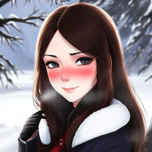 a portrait of a woman in snow, blush face