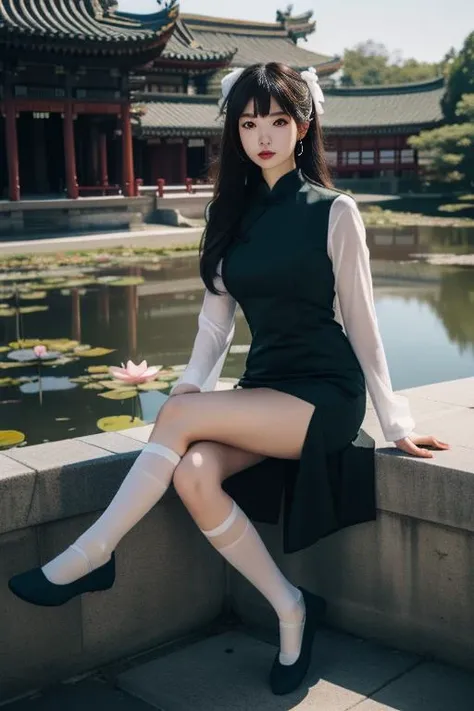 ltra-detailed,highly detailed,best quality,masterpiece,illustration,realistic,
yaozhi, 1girl, solo,chinese clothes, socks,shoes,
looking at viewer,full body,sitting, crossed legs,
outdoors,pond, east asian architecture, courtyard,lotus,
<lora:yaozhi_v1_02:0.7>