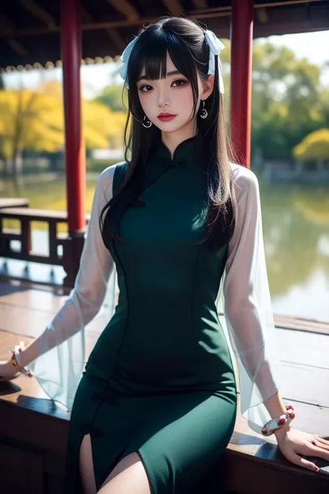 ltra-detailed,highly detailed,best quality,masterpiece,illustration,realistic,
yaozhi, 1girl, solo,mole under eye,
chinese clothes, see-through sleeves,
earrings, bracelet,
looking at viewer,upper body,
indoors,pond, east asian architecture,
<lora:yaozhi_v1_02:0.8>