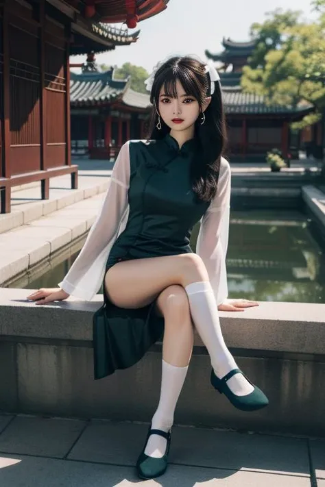ltra-detailed,highly detailed,best quality,masterpiece,illustration,realistic,
yaozhi, 1girl, solo,chinese clothes, socks,shoes,
looking at viewer,full body,sitting, crossed legs,
outdoors,pond, east asian architecture, courtyard,lotus,
<lora:yaozhi_v1_02:0.7>