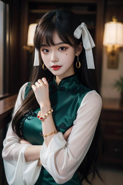 ltra-detailed,highly detailed,best quality,masterpiece,illustration,realistic,
yaozhi, 1girl, solo,mole,
chinese clothes,china dress,see-through sleeves,
earrings, bracelet,hair ribbon,
bangs,very long hair,
looking at viewer,upper body,
<lora:yaozhi_v3_03:0.7>