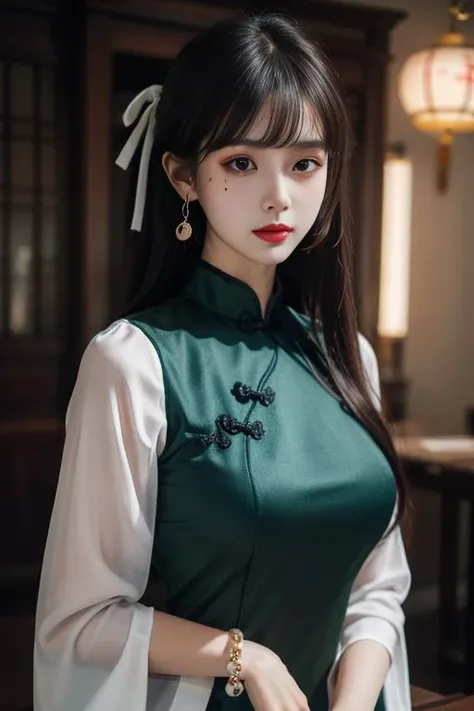 ltra-detailed,highly detailed,best quality,masterpiece,illustration,realistic,
yaozhi, 1girl, solo,mole,
chinese clothes,china dress,see-through sleeves,
earrings, bracelet,hair ribbon,
bangs,very long hair,
looking at viewer,upper body,
<lora:yaozhi_v3_03:0.7>