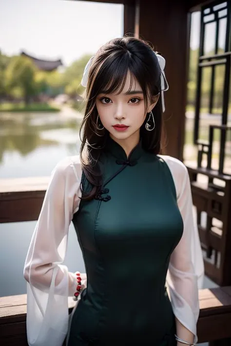 ltra-detailed,highly detailed,best quality,masterpiece,illustration,realistic,
yaozhi, 1girl, solo,mole under eye,
chinese clothes, see-through sleeves,
earrings, bracelet,
looking at viewer,upper body,
indoors,pond, east asian architecture,
<lora:yaozhi_v1_02:0.6>