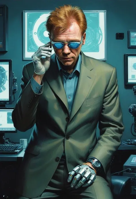 neon cyberpunk painting of David Caruso man putting on his sunglasses using his (cybernetic hand:1.4), (style of Norman Rockwell:1.2), (robot hand:1.4), (circuitry exposed:1.3), cyberpunk headquarters <lora:David Caruso v1a_fro0.95:1>, (by Alex Maleev:1.5)