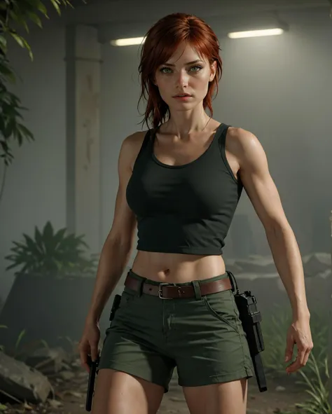 Lara Croft, the protagonist of the "Tomb Raider" video game series. She is depicted in a jungle environment, The character is holding two pistols, her attire, with a tank top, shorts, and combat boots, as well as the walkie-talkie and holsters strapped to her belt, The art style captures the sense of ruggedness and determination that the character is known for. <lora:SAIOC_sd15_1-000011:0.75> s41oc