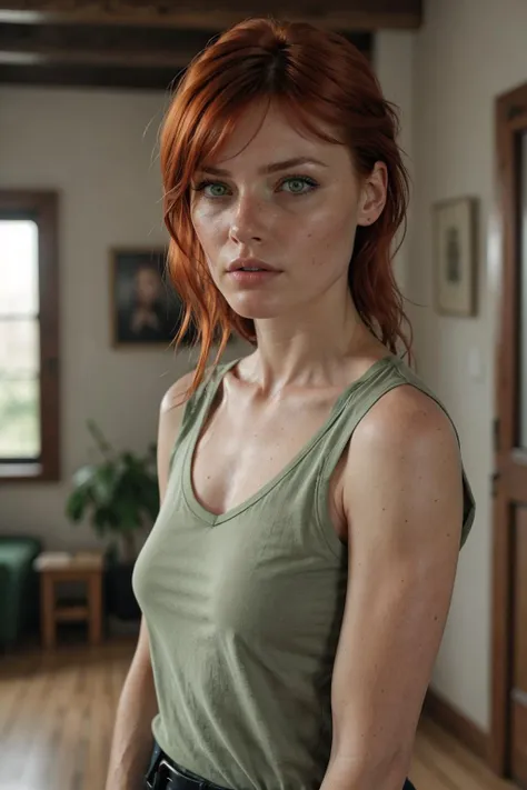 1girl, belt, blurry background, clothes writing, collarbone, freckles, green eyes, indoors, lips, long hair, looking at viewer, nose, parted lips, portrait, realistic, red hair, shirt, solo, standing, upper body, woman  <lora:SAIOC_sd15_1-000011:0.75> s41oc