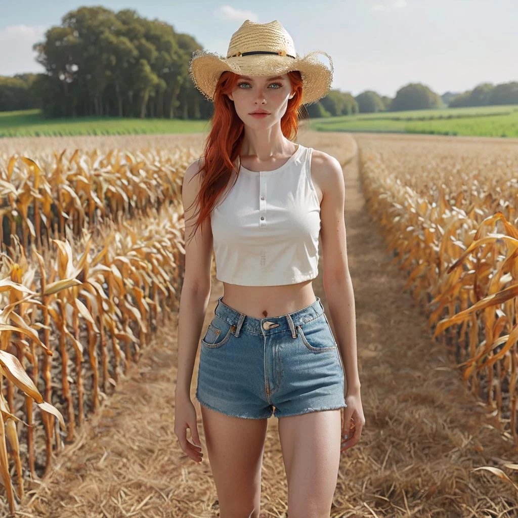 1girl, <lora:SAIOC_sd15_1:0.8> s41oc, wearing a crop top shirt and denim shorts standing in corn field on a farm, cowboy hat, red hair