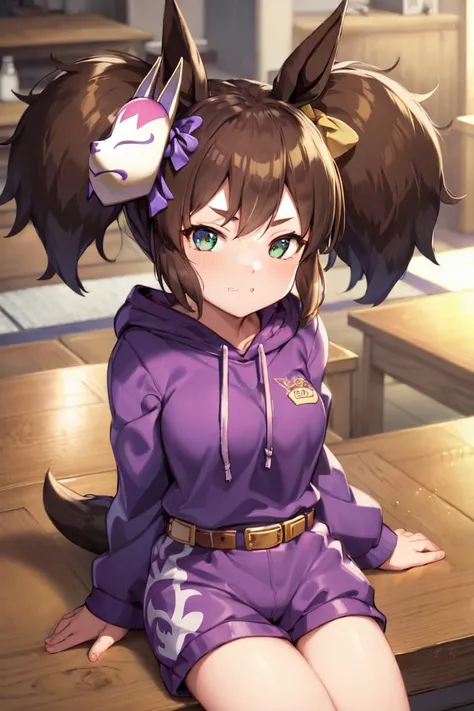 masterpiece, best quality,
inari one \(umamusume\),
table, sitting, arms at sie,
casual, mask on head, fox mask, hair bow, yellow bow, drawstring, purple hoodie, long sleeves, belt, purple bow, black shorts, 
<lora:inari_one_loha:0.8>